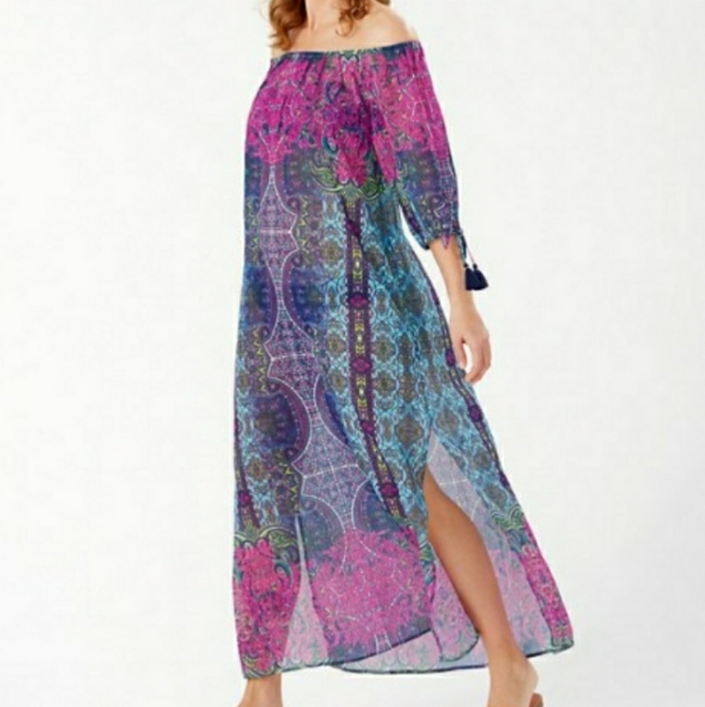 Tommy Bahama Sun-Kissed On Georgette Off-The-Shoulder Maxi Dress Sz small